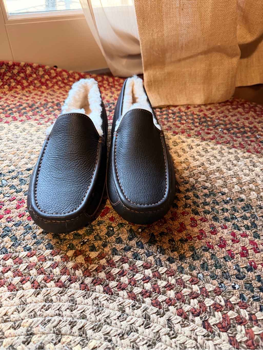 Ugg Men's Dark Brown Leather Moccasin Slippers With White Shearling